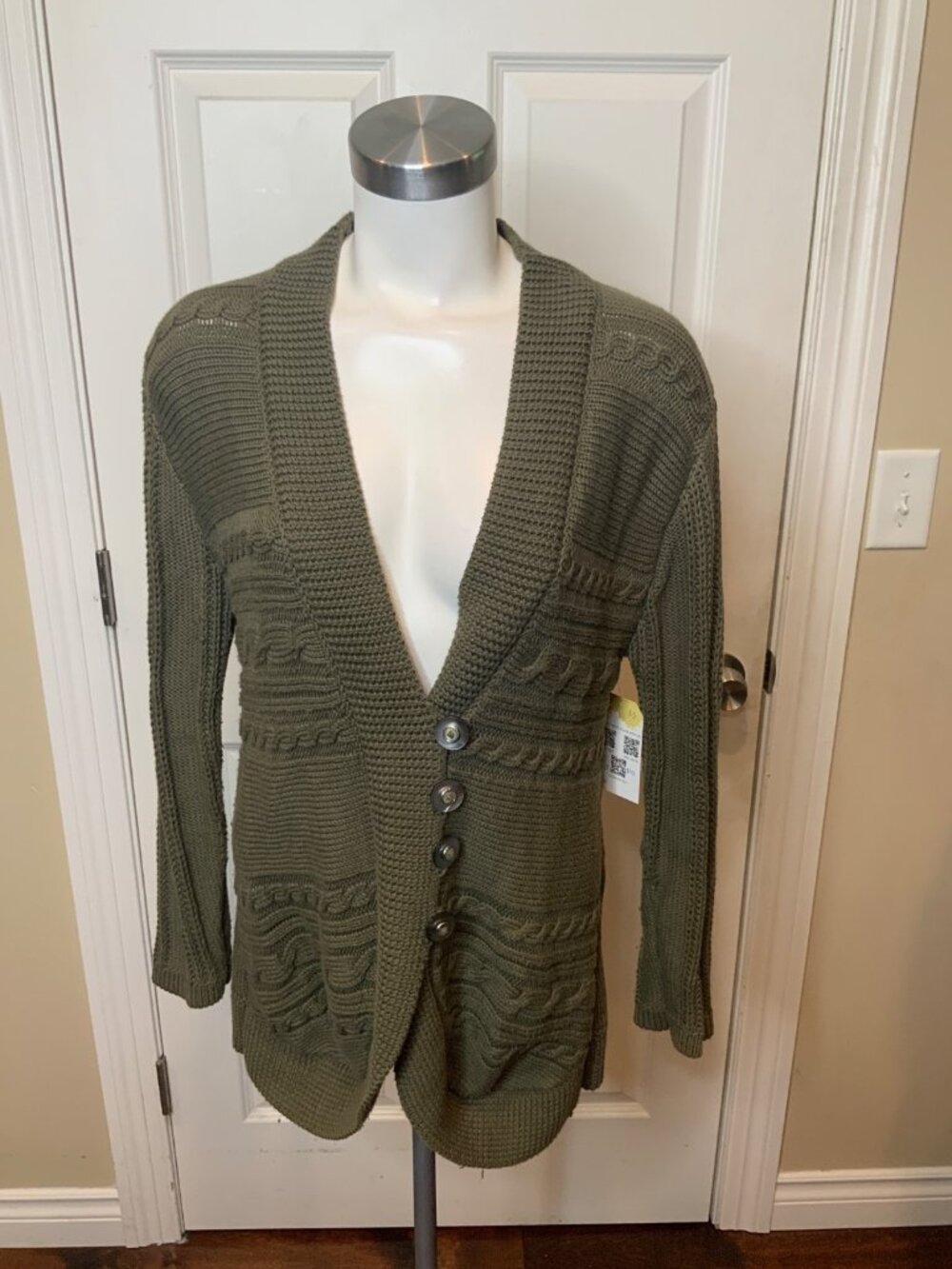 Pure Handknit Green Cable-Knit Button Front Cardigan, Size S